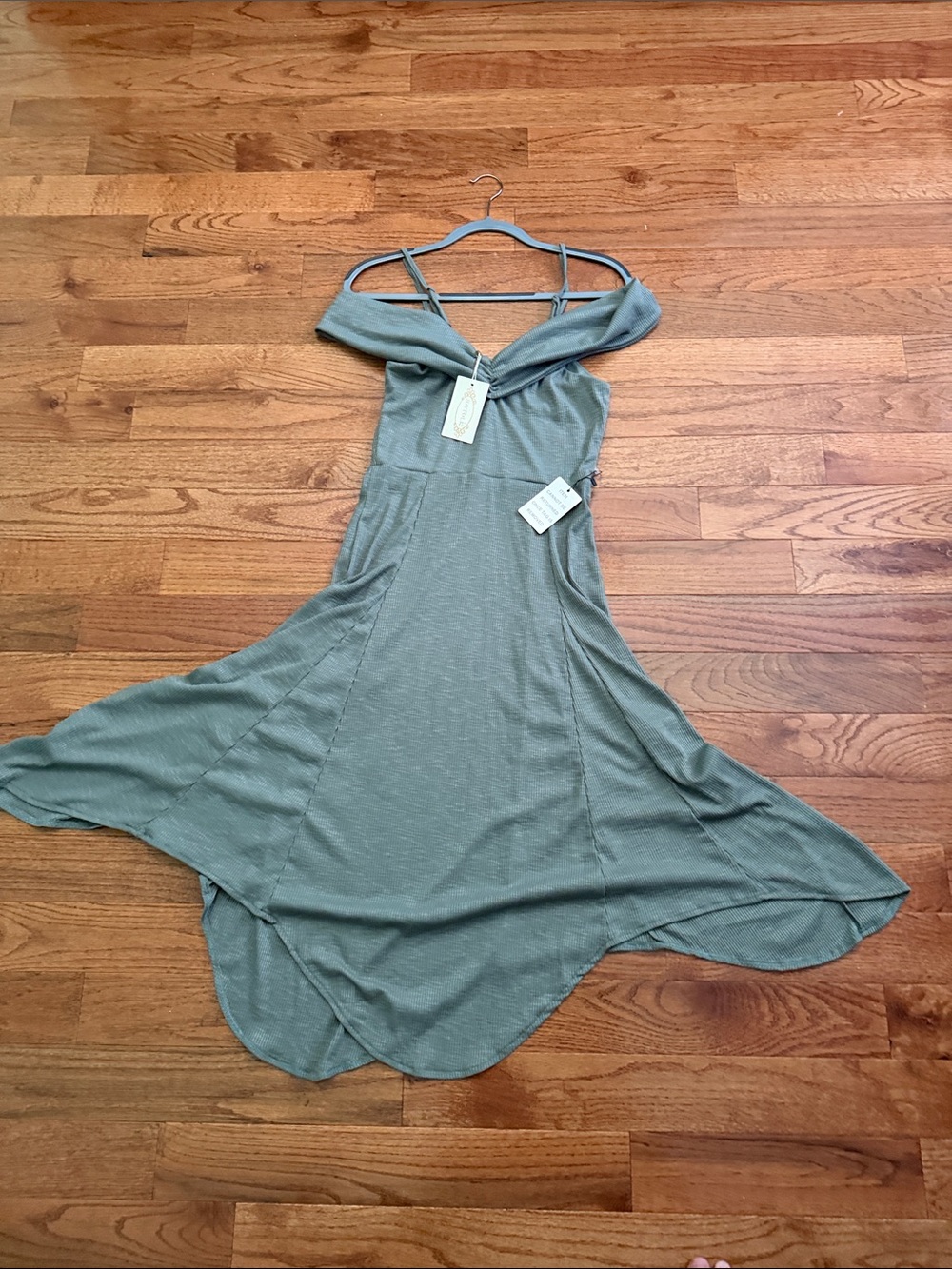 Joyfolie Sage Green Off-Shoulder Midi Dress with Strap Detail